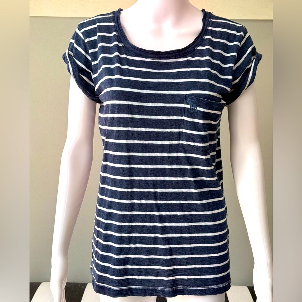 Abercrombie & Fitch Blue/White Striped Boatneck Crew Rolled Short Sleeve T- Med